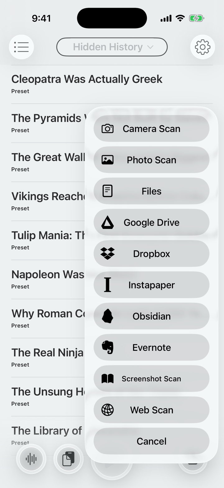 Voicepaper import menu with camera, photos, files, cloud services, and web