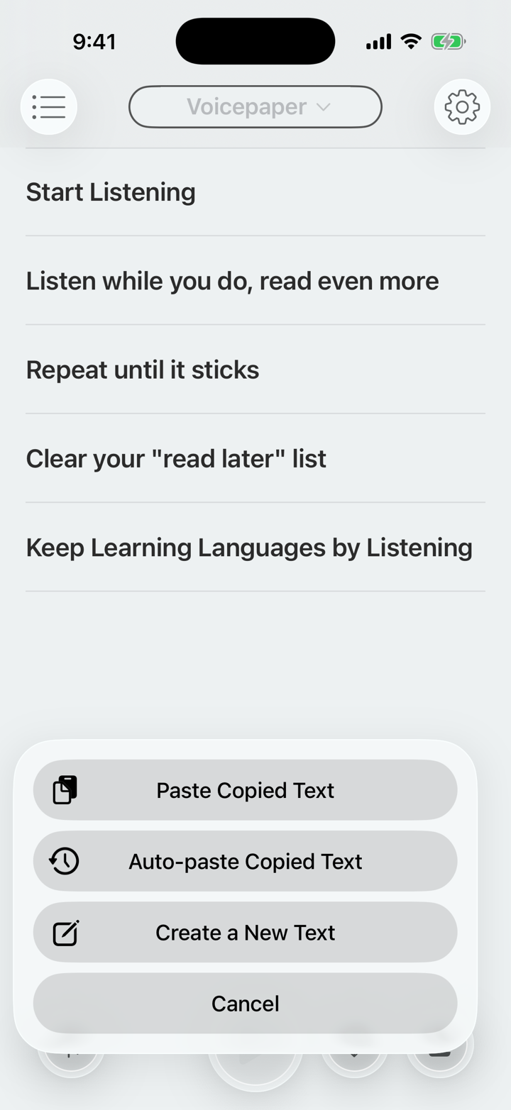 Voicepaper screen for pasting copied text into a new document