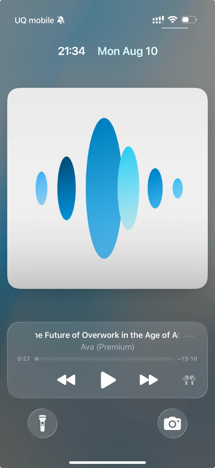 Voicepaper playback controls on the iPhone lock screen, with the article title and voice name
