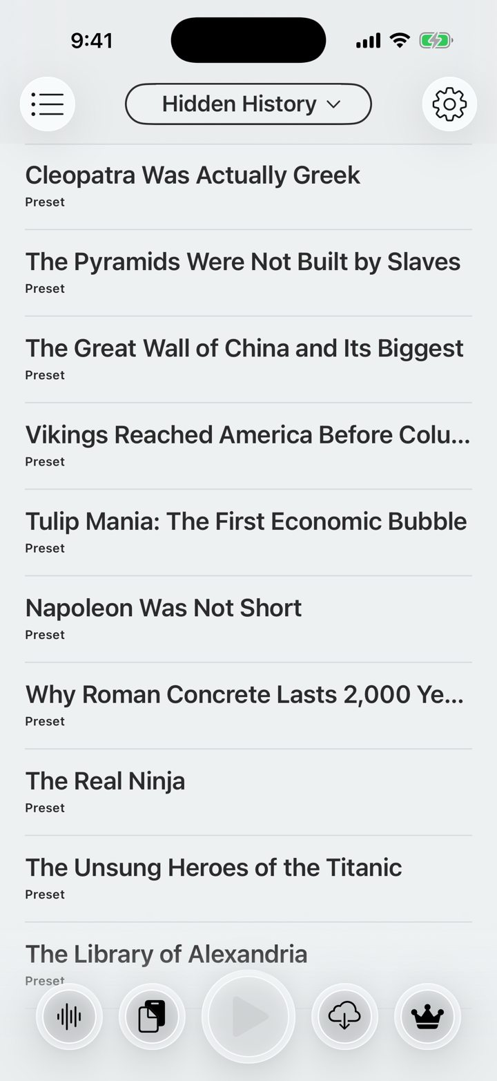 Voicepaper playlist with articles lined up and the current one marked